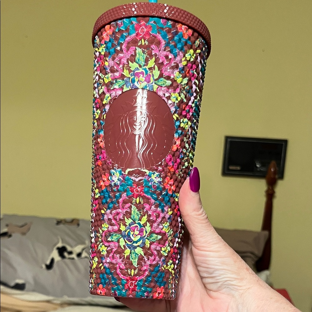 NWT Starbucks Tumbler with Mosaic Pattern Fall Floral Cranberry Color Twist Top